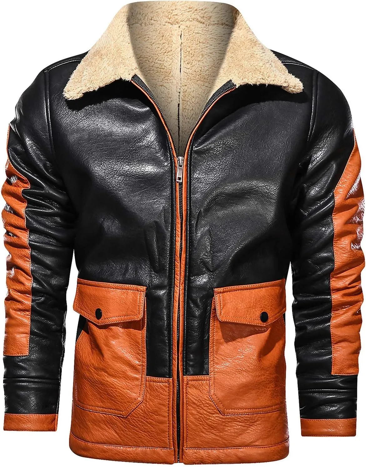 Men's Motorcycle Jacket Lapel Faux Leather Jacket Trendy Color Block Fleece Lined Racer Motorcycle Biker Jacket