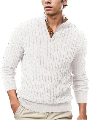 Men's Outdoor Casual Stand Cashmere Button Long Sleeve Sweater, Men Casual Long Sleeve 1/4 Button Pullover Sweaters