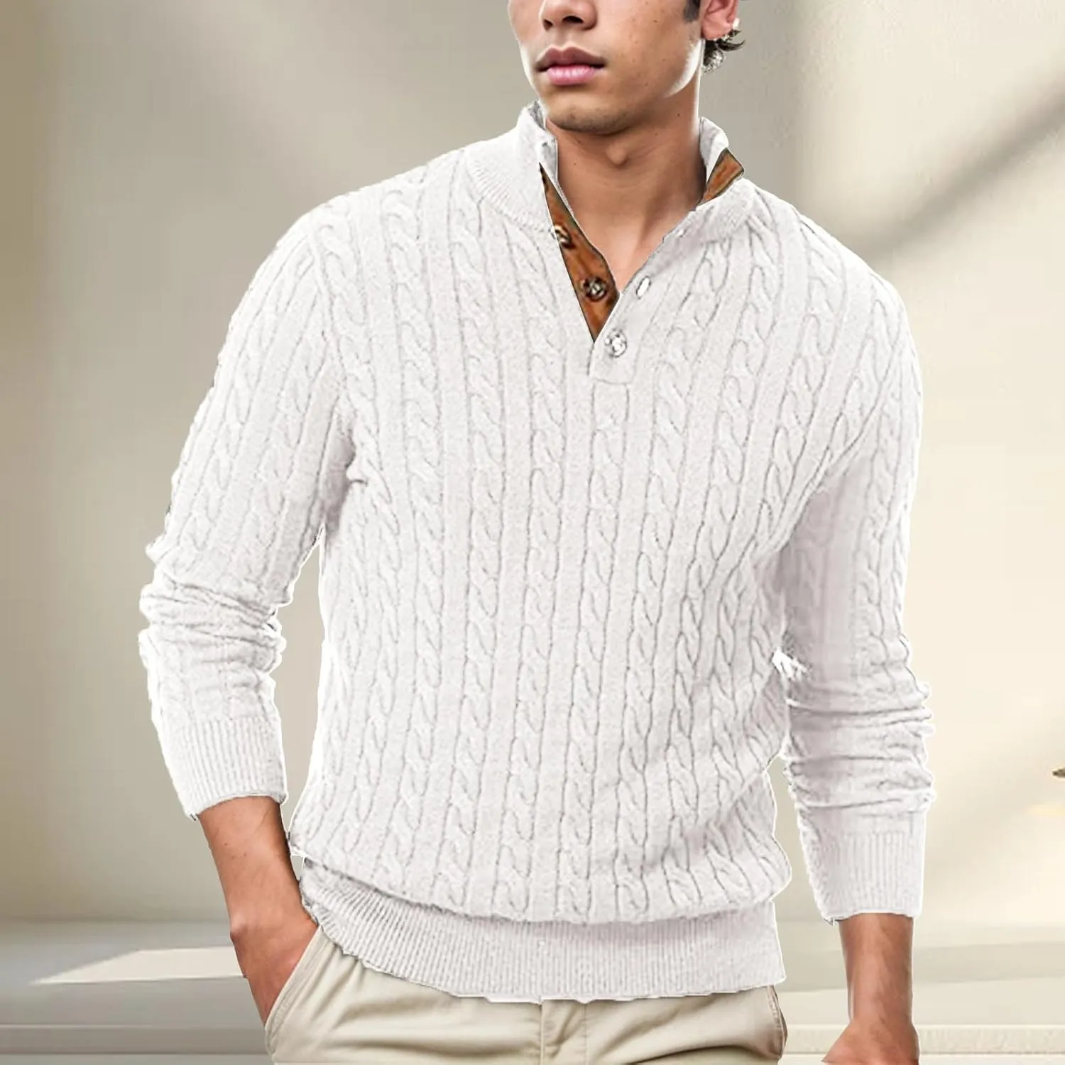 Men's Outdoor Casual Stand Cashmere Button Long Sleeve Sweater, Men Casual Long Sleeve 1/4 Button Pullover Sweaters