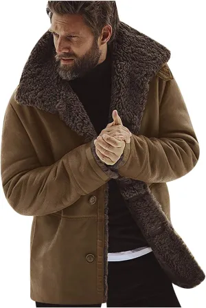 Mens Sherpa Fleece Lined Jackets Fur Collar Long Trench Coat for Big and Tall Outwear, Motorcycle Bomber Jackets