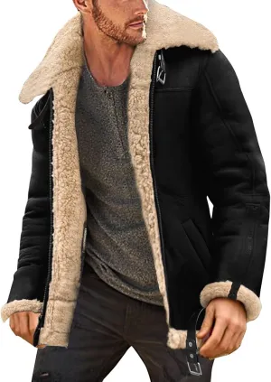 Mens Sherpa Fleece Lined Winter Coat Warm Suede Leather Outdoor Casual Faux Shearling Sheepskin Fur Collar Jackets,B1-Black,Small