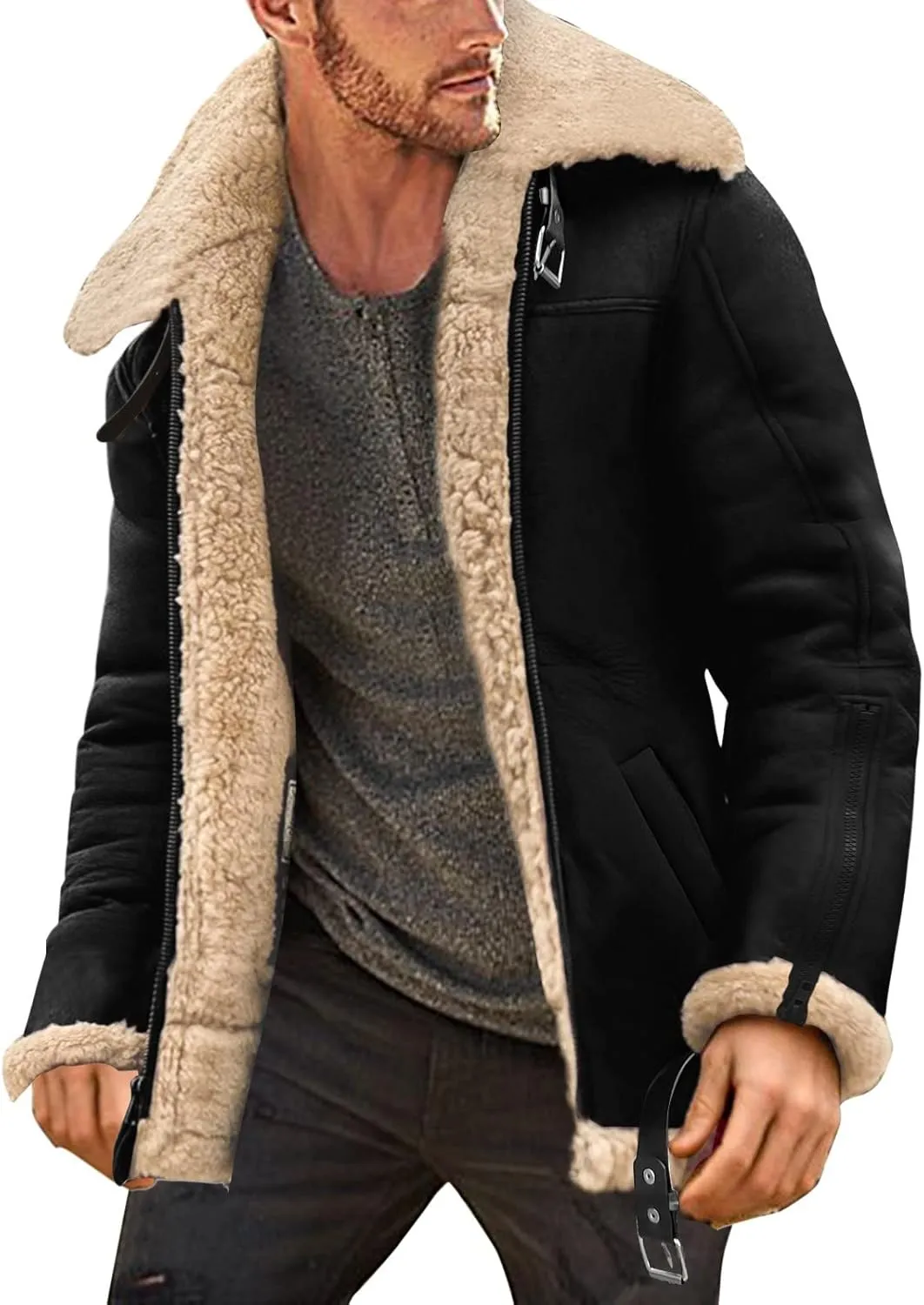 Mens Sherpa Fleece Lined Winter Coat Warm Suede Leather Outdoor Casual Faux Shearling Sheepskin Fur Collar Jackets,B1-Black,Small