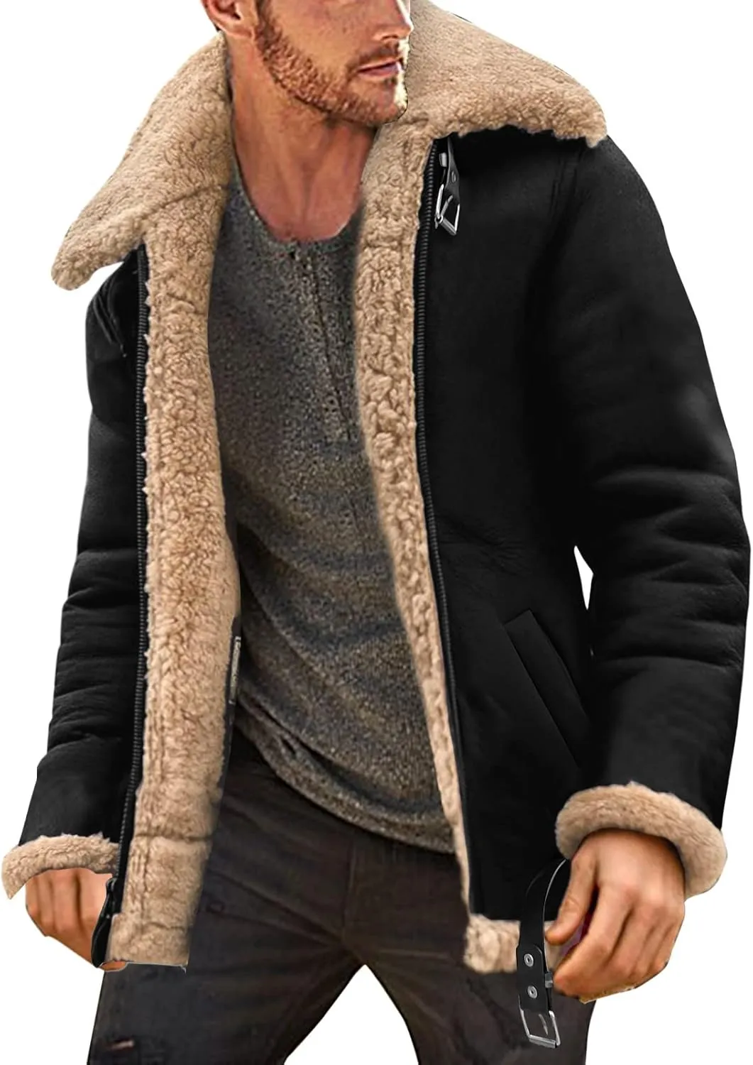 Mens Sherpa Fleece Lined Winter Coat Warm Suede Leather Outdoor Casual Faux Shearling Sheepskin Fur Collar Jackets,E1-Black,3X-Large