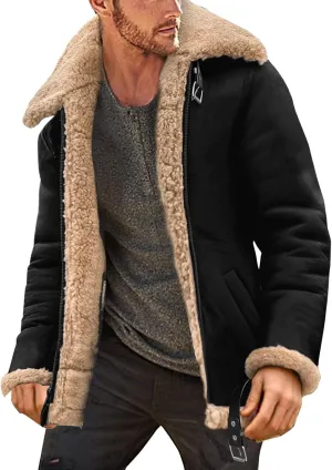 Mens Sherpa Fleece Lined Winter Coat Warm Suede Leather Outdoor Casual Faux Shearling Sheepskin Fur Collar Jackets,E1-Black,X-Large
