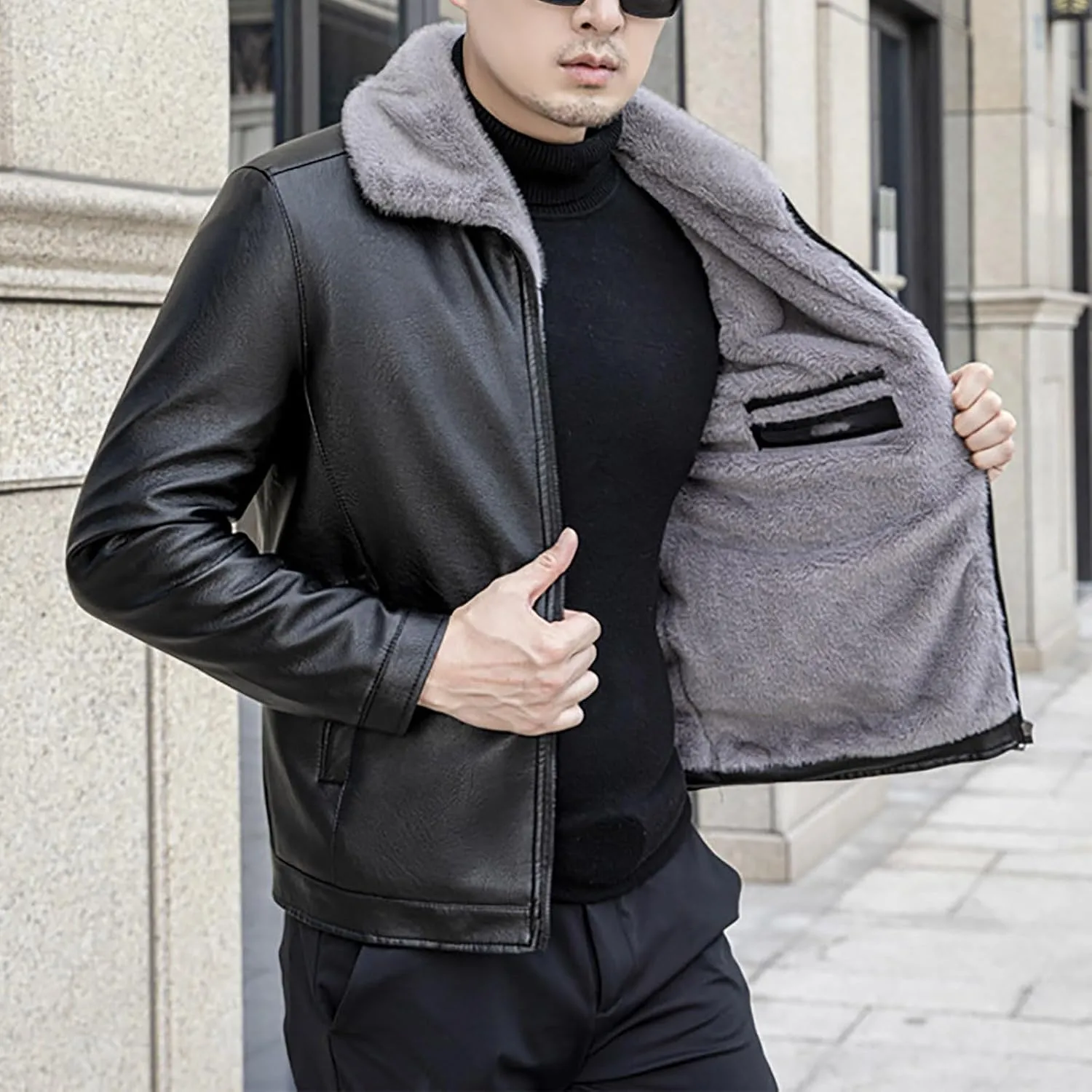 Mens Sherpa Lined Jackets Fur Bomber Jacket Full-Zip Motorcycle Jacket Outwear Winter Warm Fuzzy Lapel Collar Jackets