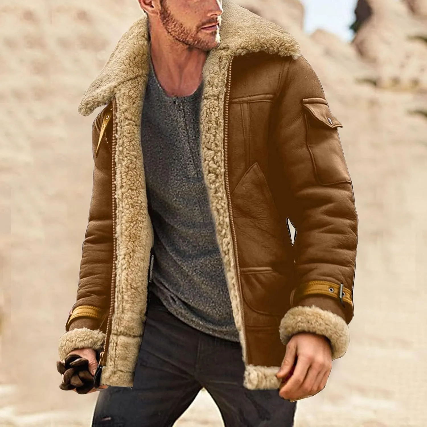 Mens Sherpa Lined Leather Jackets Shearling Coat Fleece Lined Overcoats Faux Fur Leather Jacket Winter Warm Tops