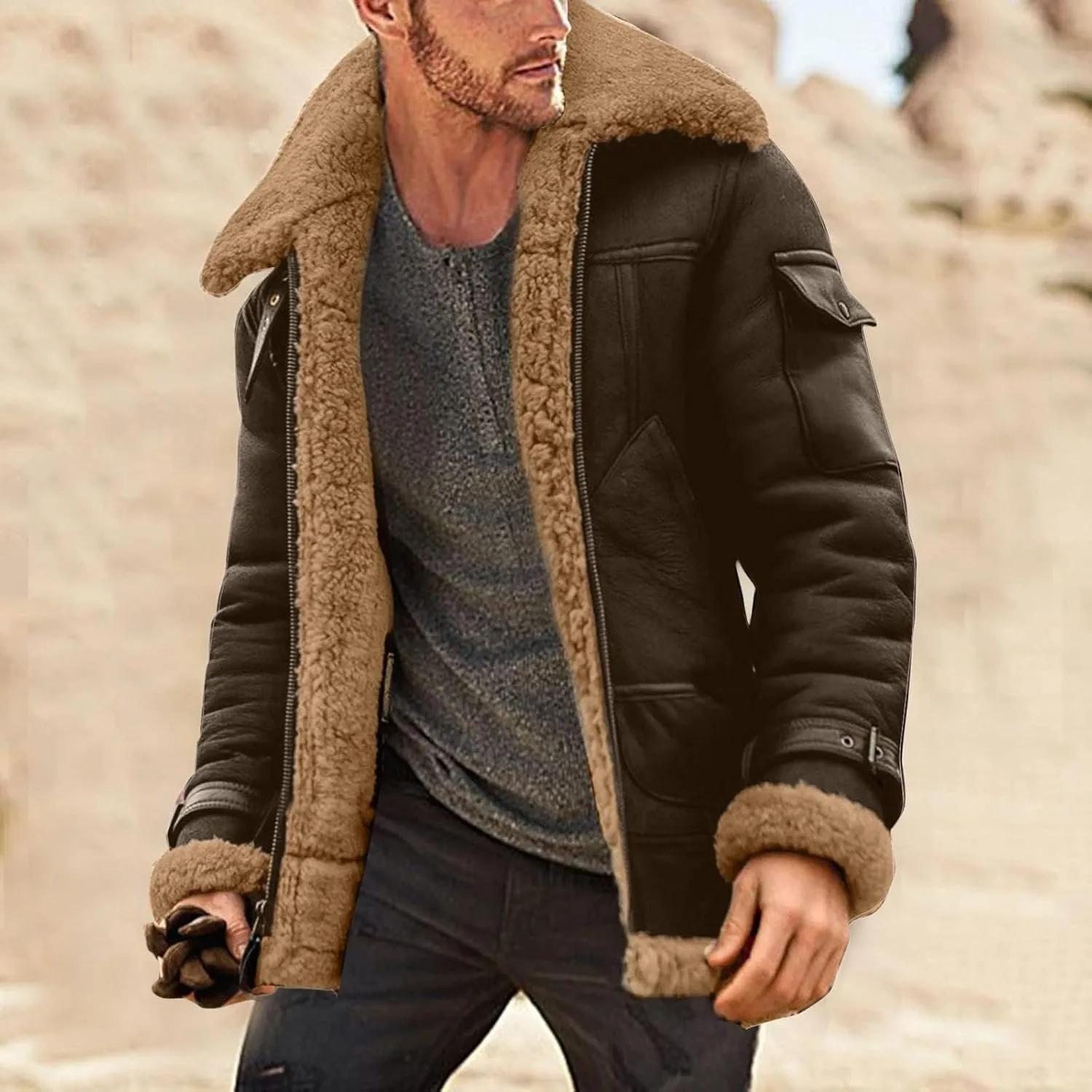 Mens Sherpa Lined Leather Jackets Shearling Coat Fleece Lined Overcoats Faux Fur Leather Jacket Winter Warm Tops