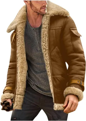Mens Sherpa Lined Leather Jackets Shearling Coat Fleece Lined Overcoats Faux Fur Leather Jacket Winter Warm Tops