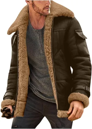 Mens Sherpa Lined Leather Jackets Shearling Coat Fleece Lined Overcoats Faux Fur Leather Jacket Winter Warm Tops