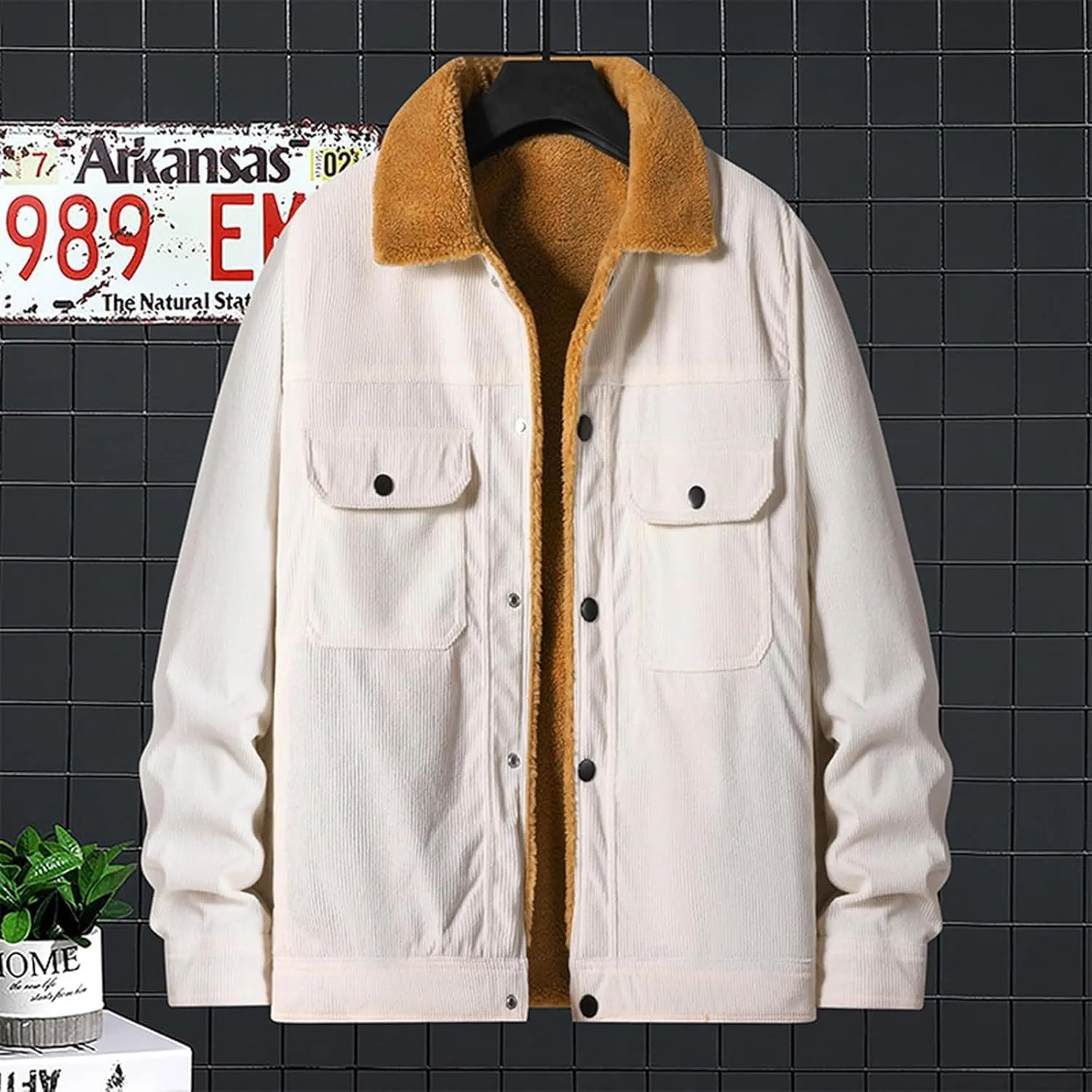 Mens Sherpa Lined Shirt Jacket Corduroy Button Down Jacket Long Sleeve Lapel Coat Striped Winter Coat Cozy Outerwear