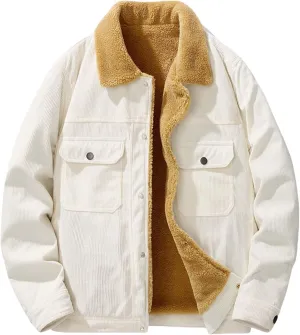 Mens Sherpa Lined Shirt Jacket Corduroy Button Down Jacket Long Sleeve Lapel Coat Striped Winter Coat Cozy Outerwear