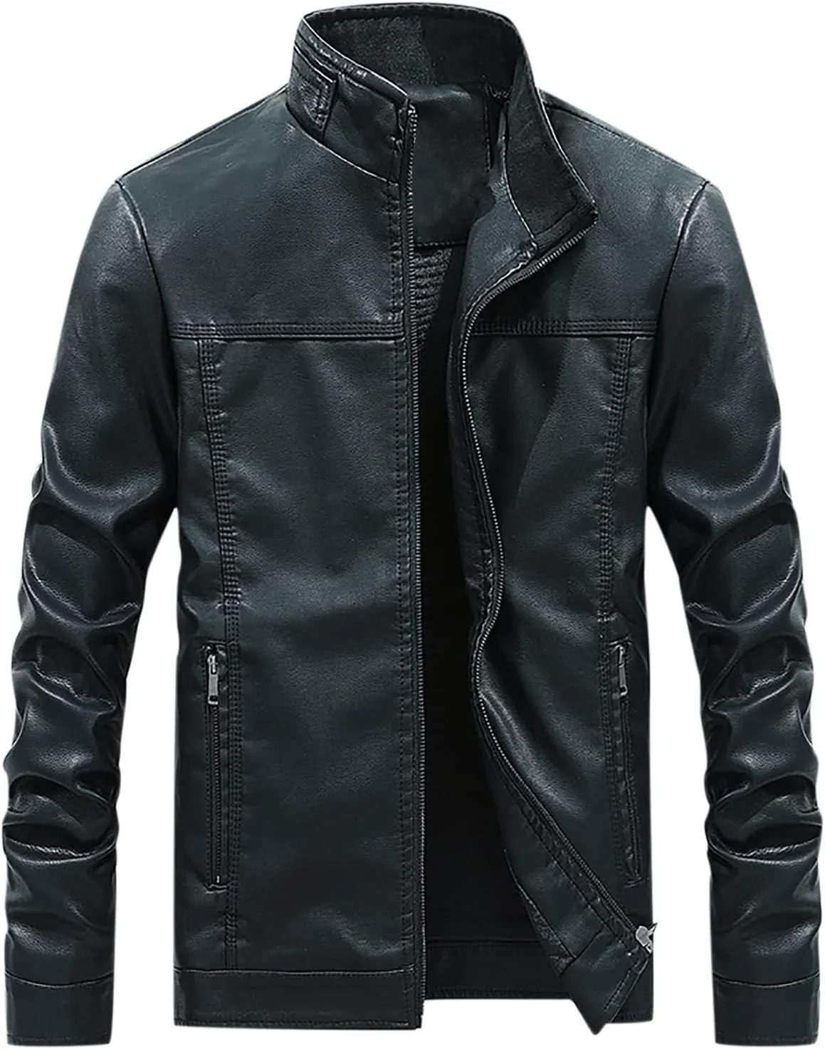 Mens Slim Fit Faux Leather Jacket Stand Collar Zip Up PU Leather Coat Motorcycle Biker Jacket with Pockets