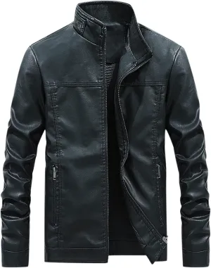 Mens Slim Fit Faux Leather Jacket Stand Collar Zip Up PU Leather Coat Motorcycle Biker Jacket with Pockets