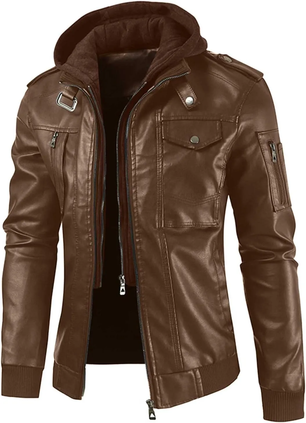 Mens Slim Fit Faux Leather Jacket With Hood Zip Up PU Leather Coat Motorcycle Biker Jacket with Pockets
