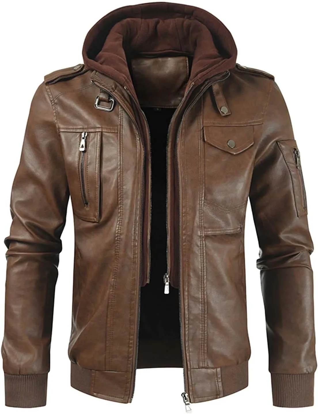 Mens Slim Fit Faux Leather Jacket With Hood Zip Up PU Leather Coat Motorcycle Biker Jacket with Pockets