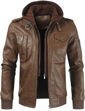 Mens Slim Fit Faux Leather Jacket With Hood Zip Up PU Leather Coat Motorcycle Biker Jacket with Pockets