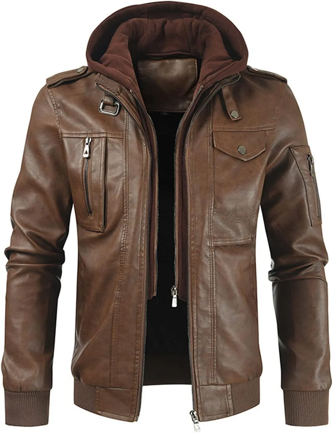 Mens Slim Fit Faux Leather Jacket With Hood Zip Up PU Leather Coat Motorcycle Biker Jacket with Pockets