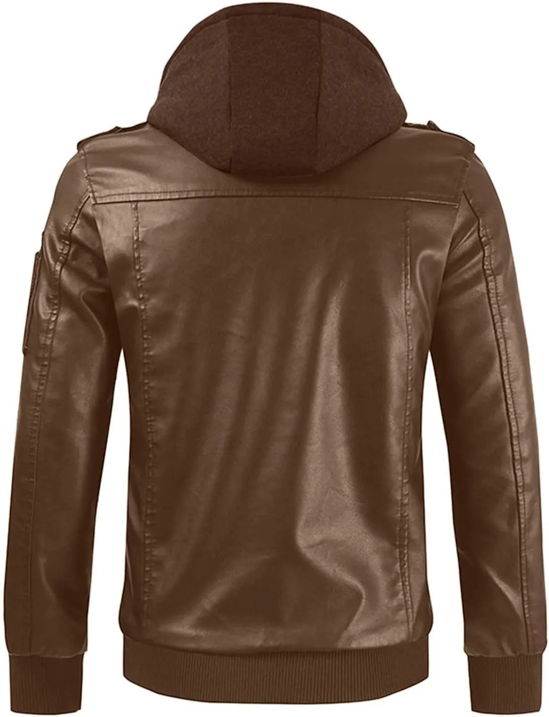Mens Slim Fit Faux Leather Jacket With Hood Zip Up PU Leather Coat Motorcycle Biker Jacket with Pockets
