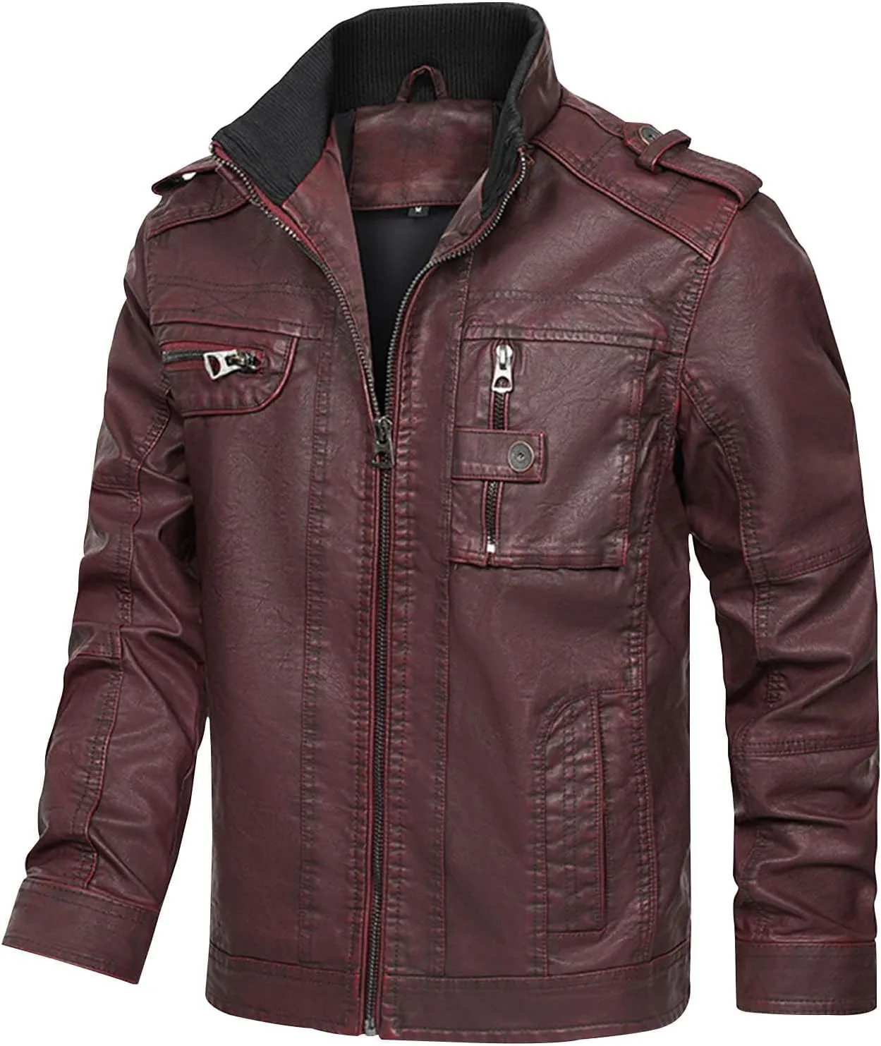 Mens Slim Fit Faux Leather Jacket with Pocket Zip Up Windbreaker PU Leather Jackets Racer Motorcycle Biker Jacket