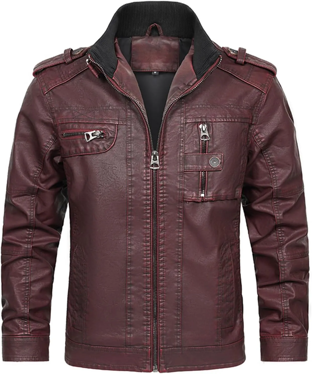 Mens Slim Fit Faux Leather Jacket with Pocket Zip Up Windbreaker PU Leather Jackets Racer Motorcycle Biker Jacket