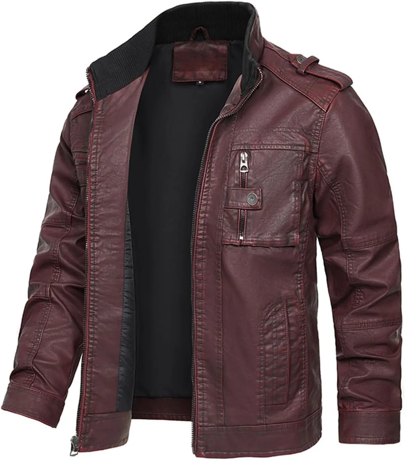 Mens Slim Fit Faux Leather Jacket with Pocket Zip Up Windbreaker PU Leather Jackets Racer Motorcycle Biker Jacket