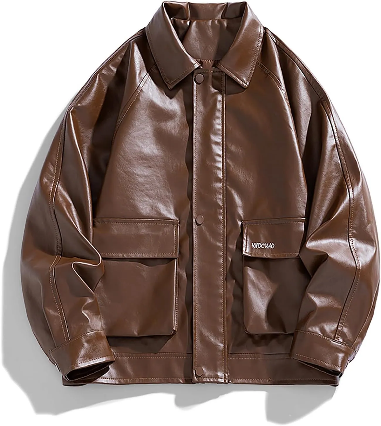 Mens Slim Fit Lapel Collar Motorcycle Jacket Faux Leather Solid Handsome Jacket Fashion Casual Zip Up Baseball Coat