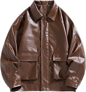 Mens Slim Fit Lapel Collar Motorcycle Jacket Faux Leather Solid Handsome Jacket Fashion Casual Zip Up Baseball Coat