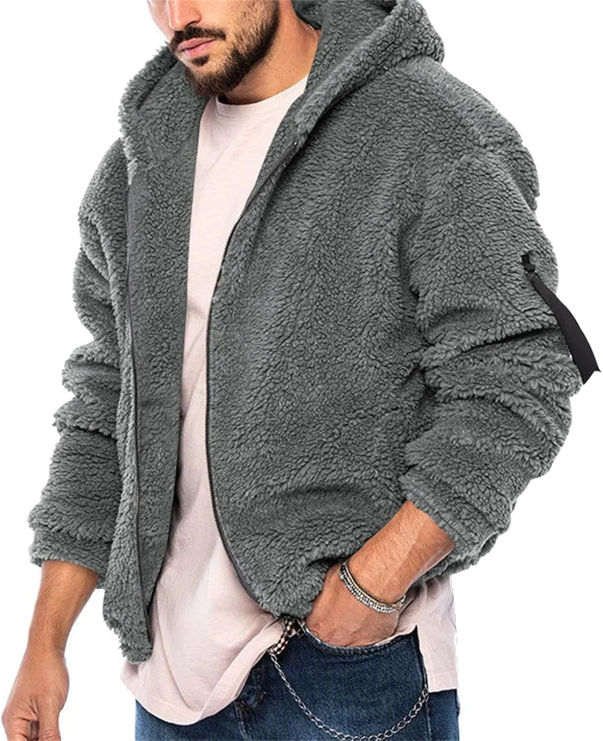 Mens Solid Color Hooded Plush Jacket Thicken Lined with Zipper Fuzzy Sherpa Sweatshirt Long Sleeve Soft Fleece Jackets