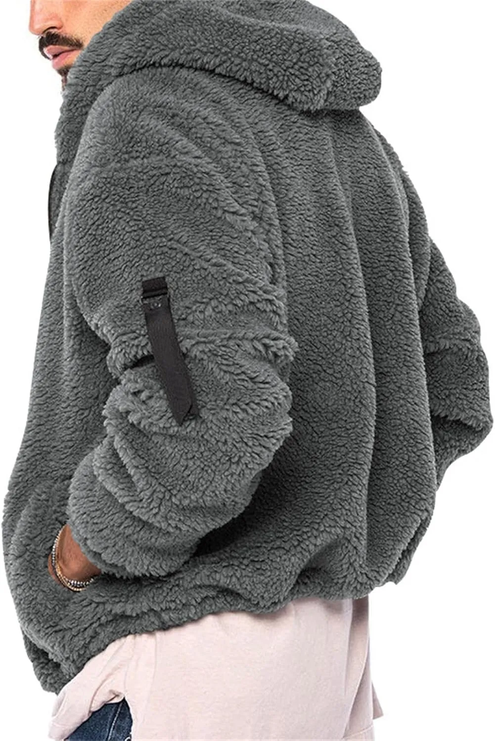 Mens Solid Color Hooded Plush Jacket Thicken Lined with Zipper Fuzzy Sherpa Sweatshirt Long Sleeve Soft Fleece Jackets