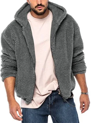 Mens Solid Color Hooded Plush Jacket Thicken Lined with Zipper Fuzzy Sherpa Sweatshirt Long Sleeve Soft Fleece Jackets