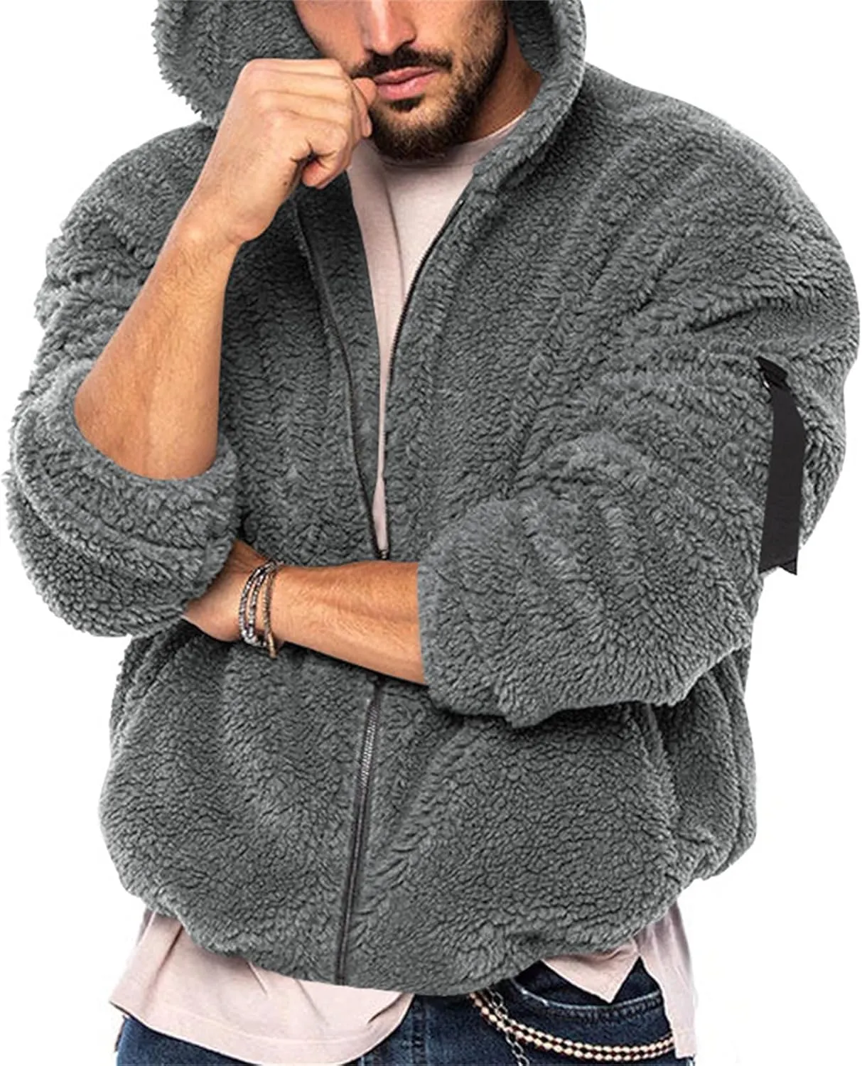 Mens Solid Color Hooded Plush Jacket Thicken Lined with Zipper Fuzzy Sherpa Sweatshirt Long Sleeve Soft Fleece Jackets