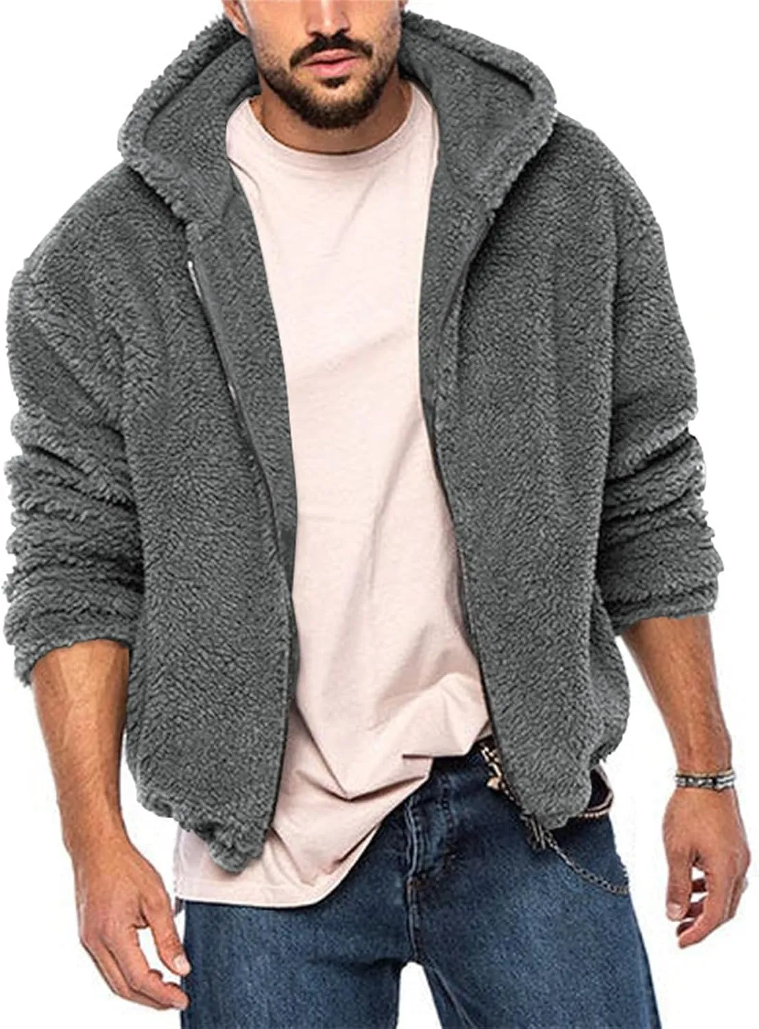 Mens Solid Color Hooded Plush Jacket Thicken Lined with Zipper Fuzzy Sherpa Sweatshirt Long Sleeve Soft Fleece Jackets
