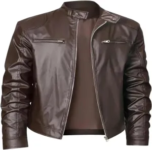 Mens Stand Collar Leather Jacket Motorcycle Lightweight Faux Leather Outerwear Long Sleeve Top with Zipper Pockets
