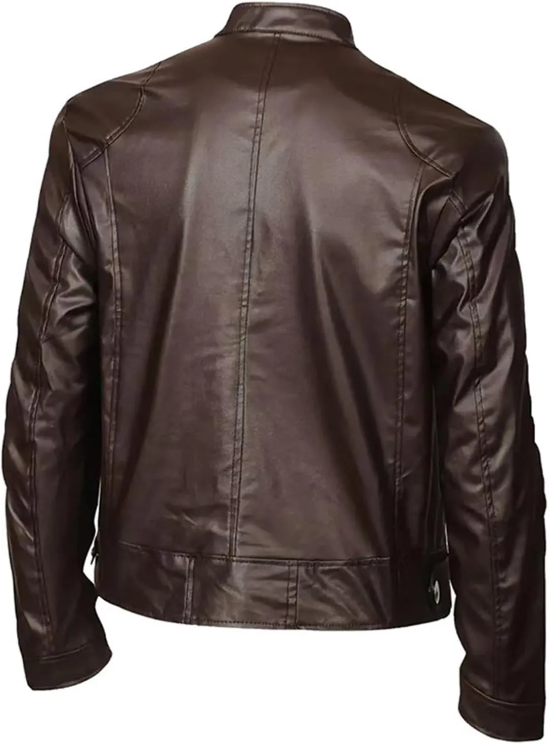 Mens Stand Collar Leather Jacket Motorcycle Lightweight Faux Leather Outerwear Long Sleeve Top with Zipper Pockets