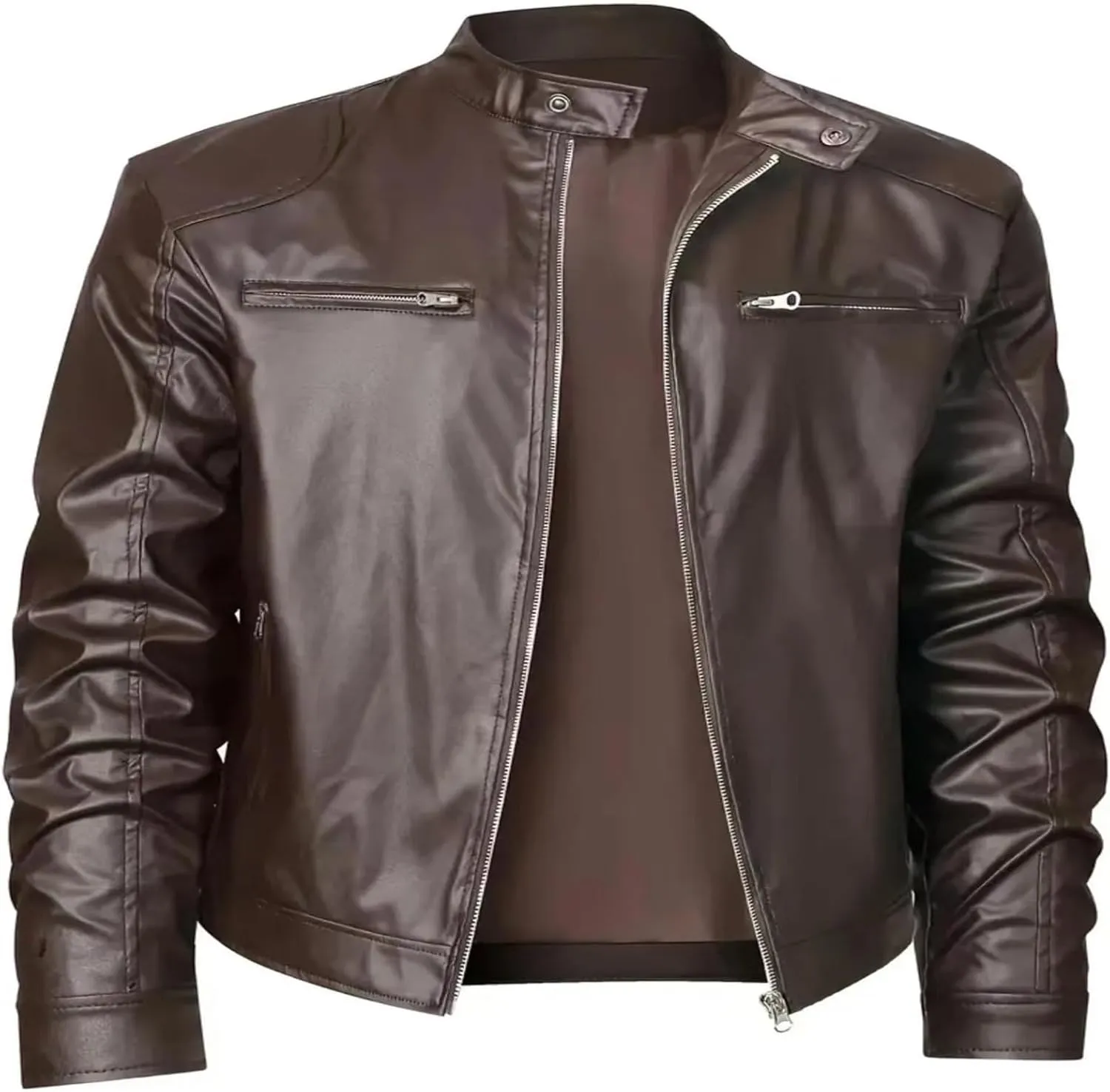 Mens Stand Collar Leather Jacket Motorcycle Lightweight Faux Leather Outerwear Long Sleeve Top with Zipper Pockets