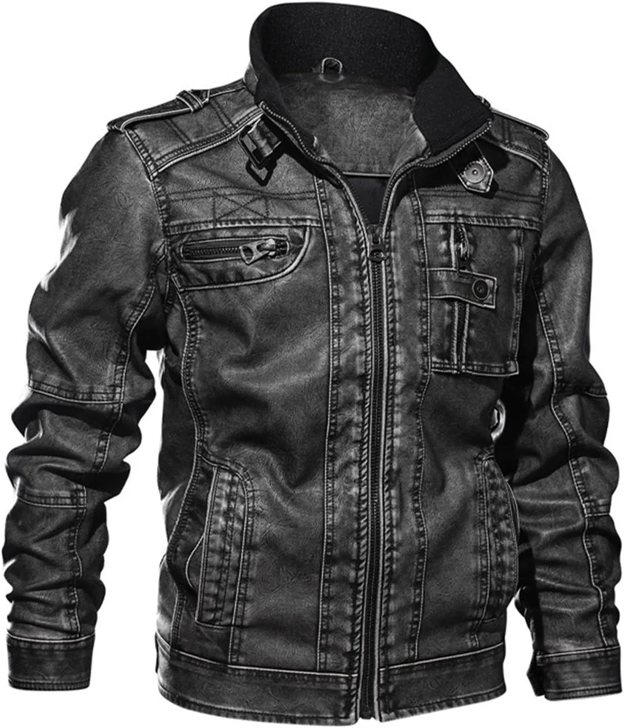 Men's Stand Collar Leather Jacket Motorcycle Lightweight Faux Leather Outwear Long Sleeve Fall Winter Vintage Coats