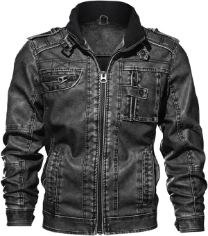 Men's Stand Collar Leather Jacket Motorcycle Lightweight Faux Leather Outwear Long Sleeve Fall Winter Vintage Coats