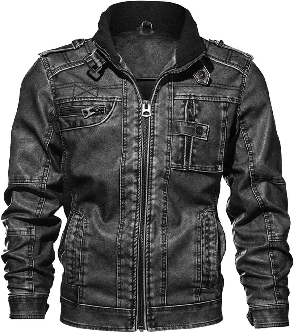 Men's Stand Collar Leather Jacket Motorcycle Lightweight Faux Leather Outwear Long Sleeve Fall Winter Vintage Coats