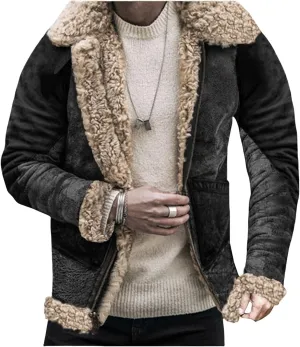 Mens Suede Sherpa Shearling Faux Fur Leather Coat Sherpa Lined Leather Jacket Sheepskin Winter Coat Fur Collar Jacket