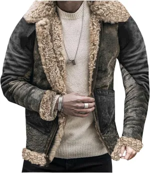 Mens Suede Sherpa Shearling Faux Fur Leather Coat Sherpa Lined Leather Jacket Sheepskin Winter Coat Fur Collar Jacket