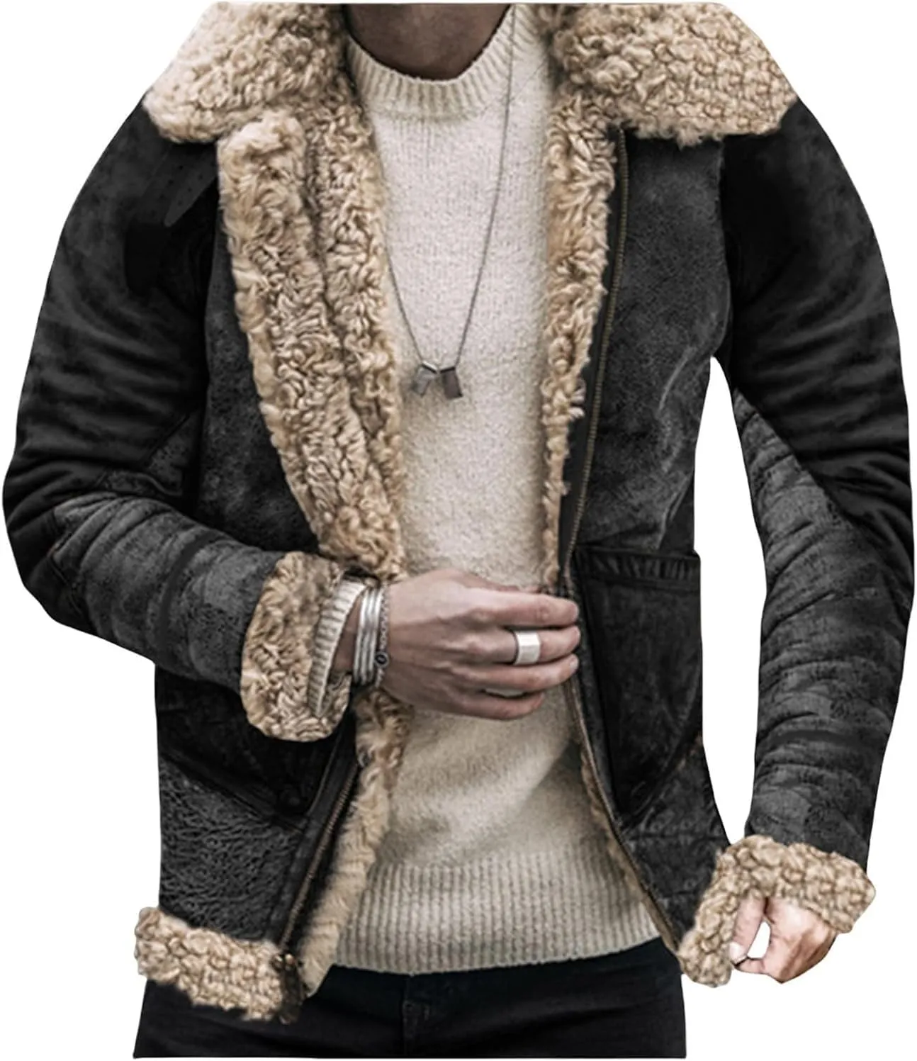Mens Suede Sherpa Shearling Faux Fur Leather Coat Sherpa Lined Leather Jacket Sheepskin Winter Coat Fur Collar Jacket