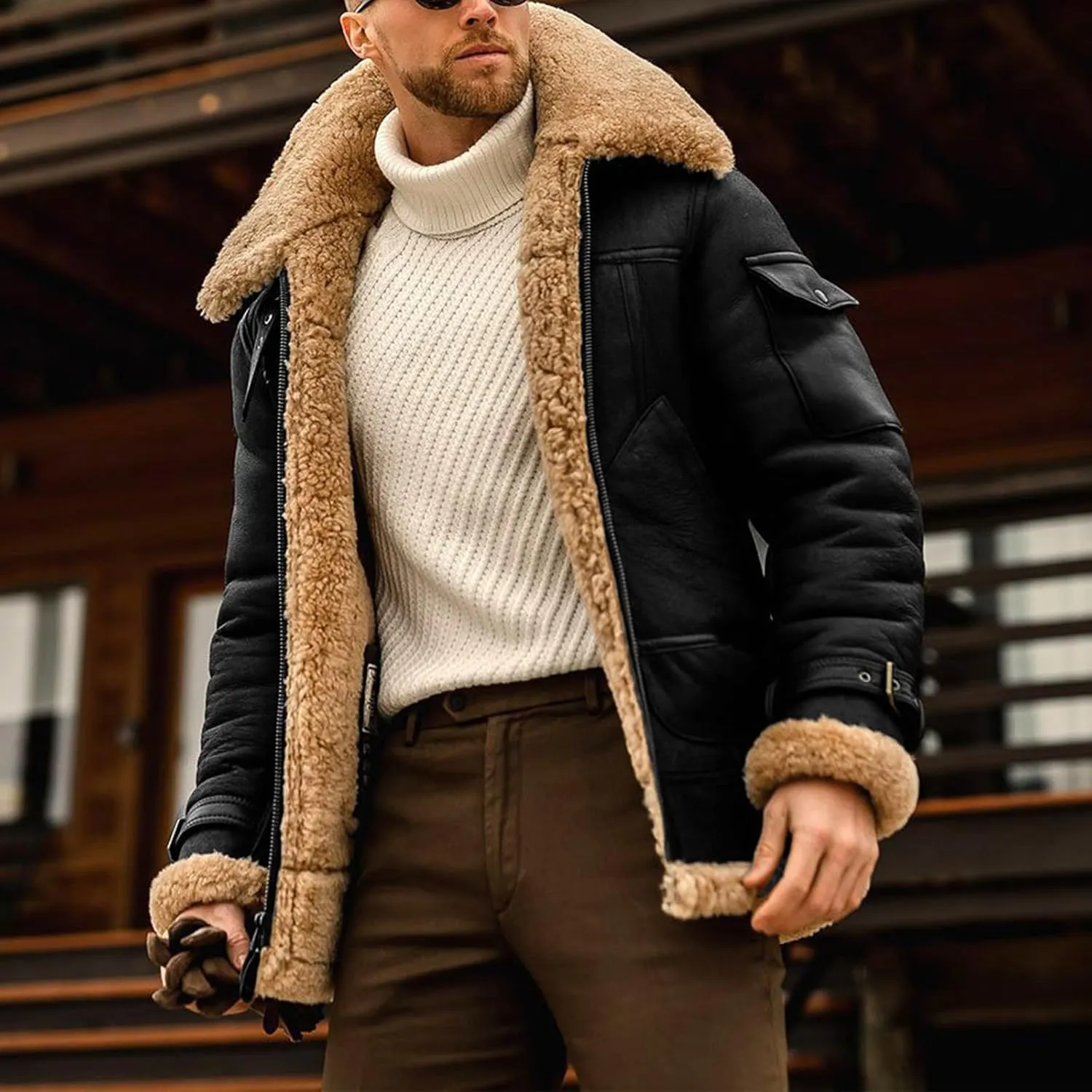Mens Suede Sherpa Shearling Faux Fur Leather Coat Sherpa Lined Leather Jacket Winter Coat Fur Collar Jackets