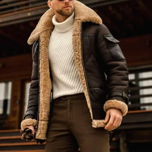 Mens Suede Sherpa Shearling Faux Fur Leather Coat Sherpa Lined Leather Jacket Winter Coat Fur Collar Jackets