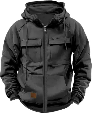 Men's Tactical Cargo Sweatshirts Full Zip Long Sleeve Drawstring Casual Hoodies Multi Pockets Gym Workout Hooded Tops