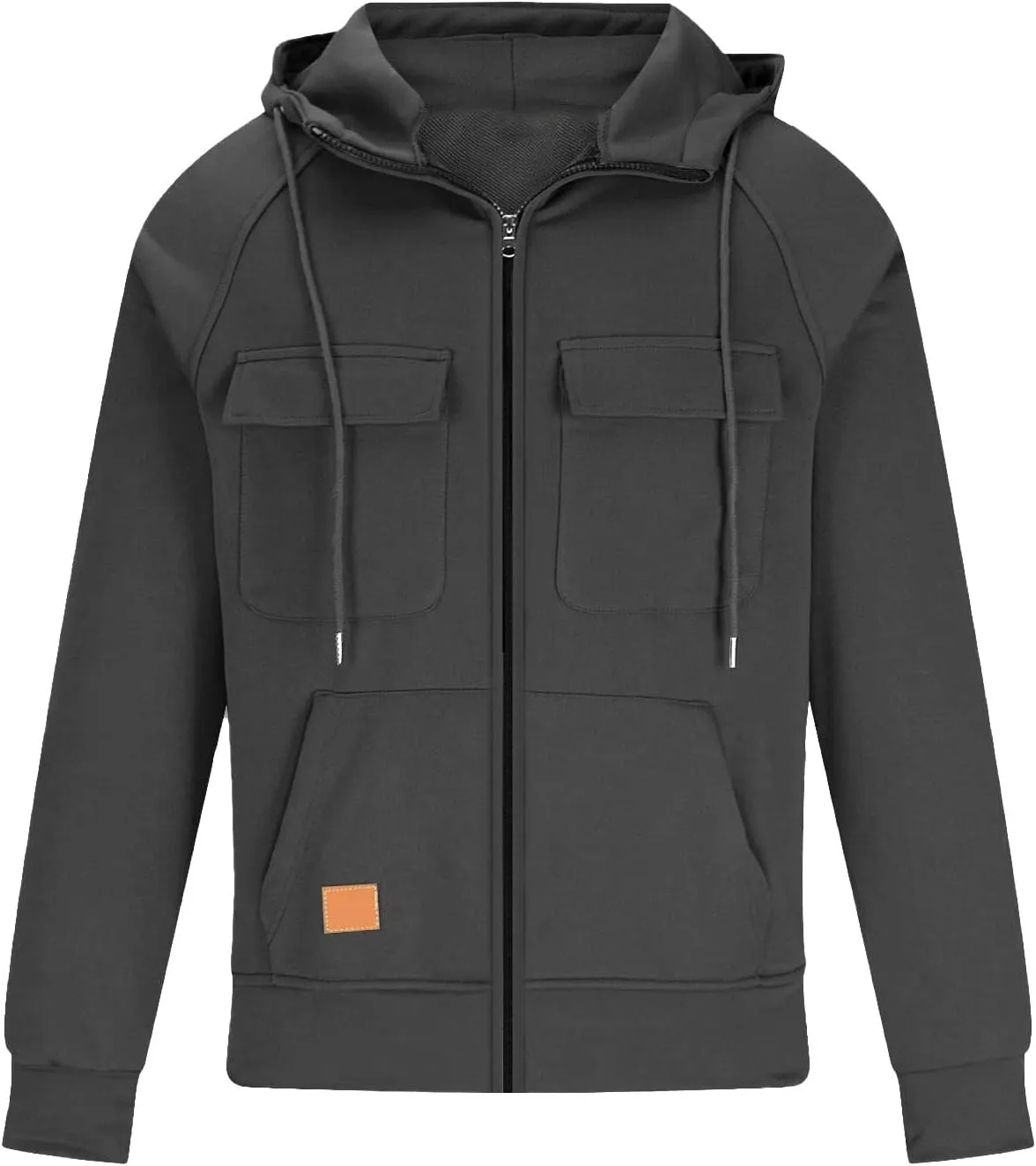 Men's Tactical Cargo Sweatshirts Full Zip Long Sleeve Drawstring Casual Hoodies Multi Pockets Gym Workout Hooded Tops
