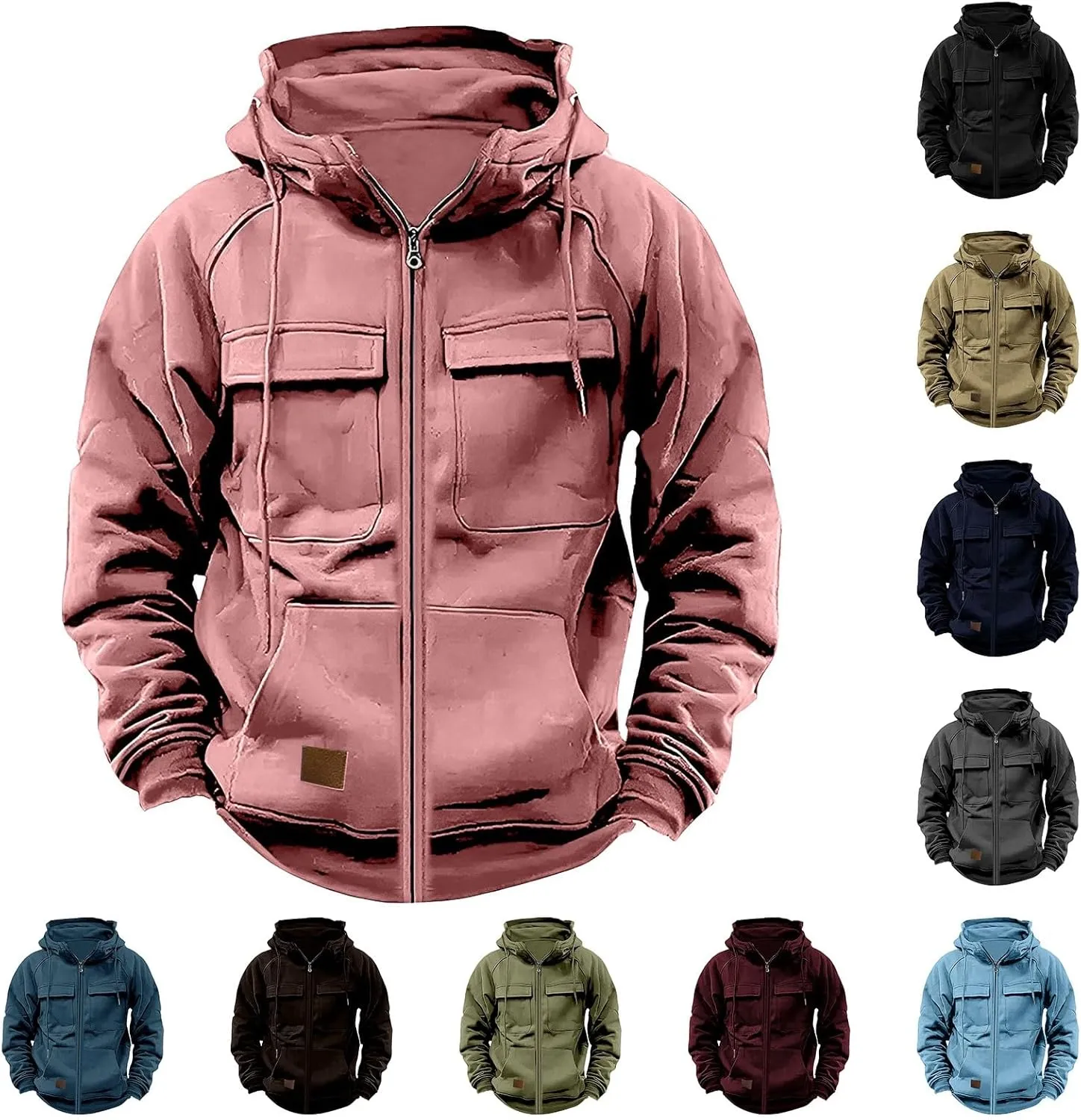 Men's Tactical Cargo Sweatshirts Full Zip Long Sleeve Drawstring Casual Hoodies Multi Pockets Gym Workout Hooded Tops