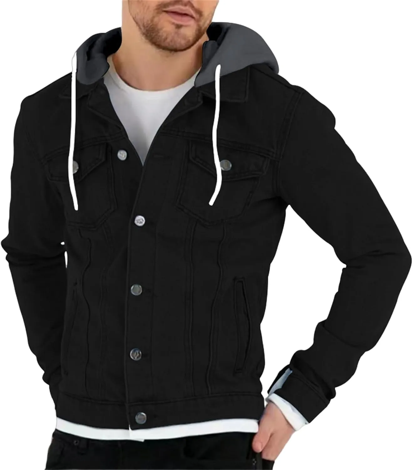 Mens Trendy Working Hoodies Jackets Zipper Long Sleeves Lapel Distressed Jean Coats Casual Fit Multi-Pocket Tops