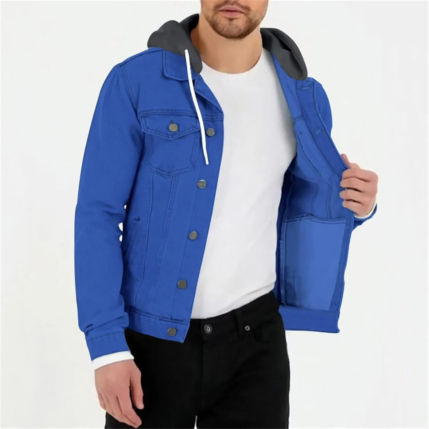 Mens Trendy Working Hoodies Jackets Zipper Long Sleeves Lapel Distressed Jean Coats Casual Fit Multi-Pocket Tops