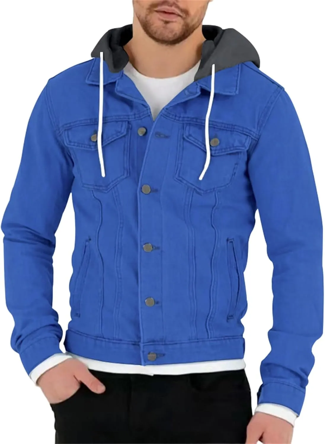 Mens Trendy Working Hoodies Jackets Zipper Long Sleeves Lapel Distressed Jean Coats Casual Fit Multi-Pocket Tops