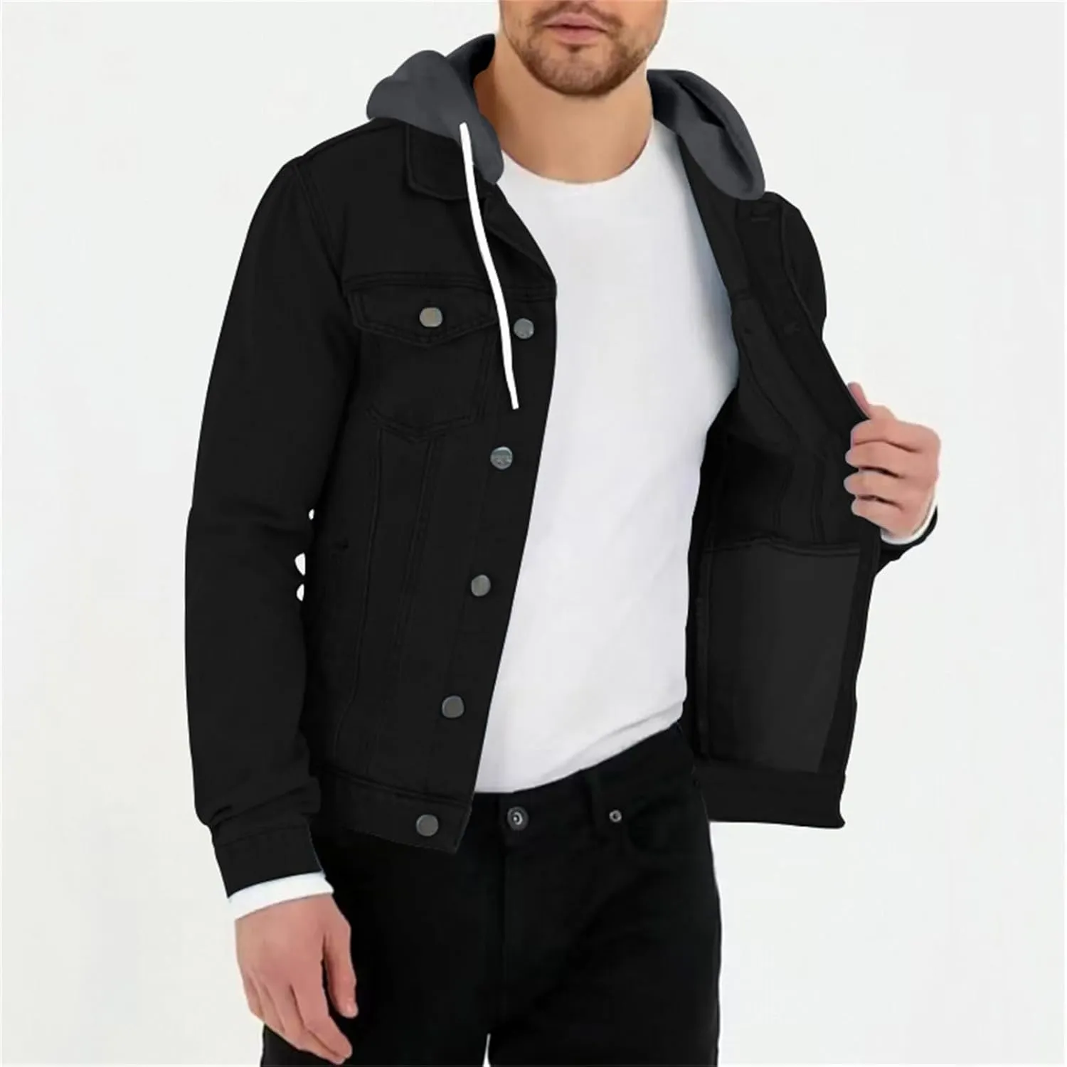Mens Trendy Working Hoodies Jackets Zipper Long Sleeves Lapel Distressed Jean Coats Casual Fit Multi-Pocket Tops
